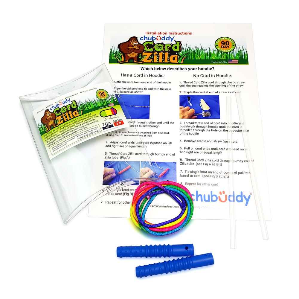 Chubuddy Blue Cord Zilla with Rainbow Cord and Install Pack| 70A Durometer Soft | Chew Factor 3.0 Strong | Attaches to Most Hoodies | Discreet Strong chews Chubuddy 